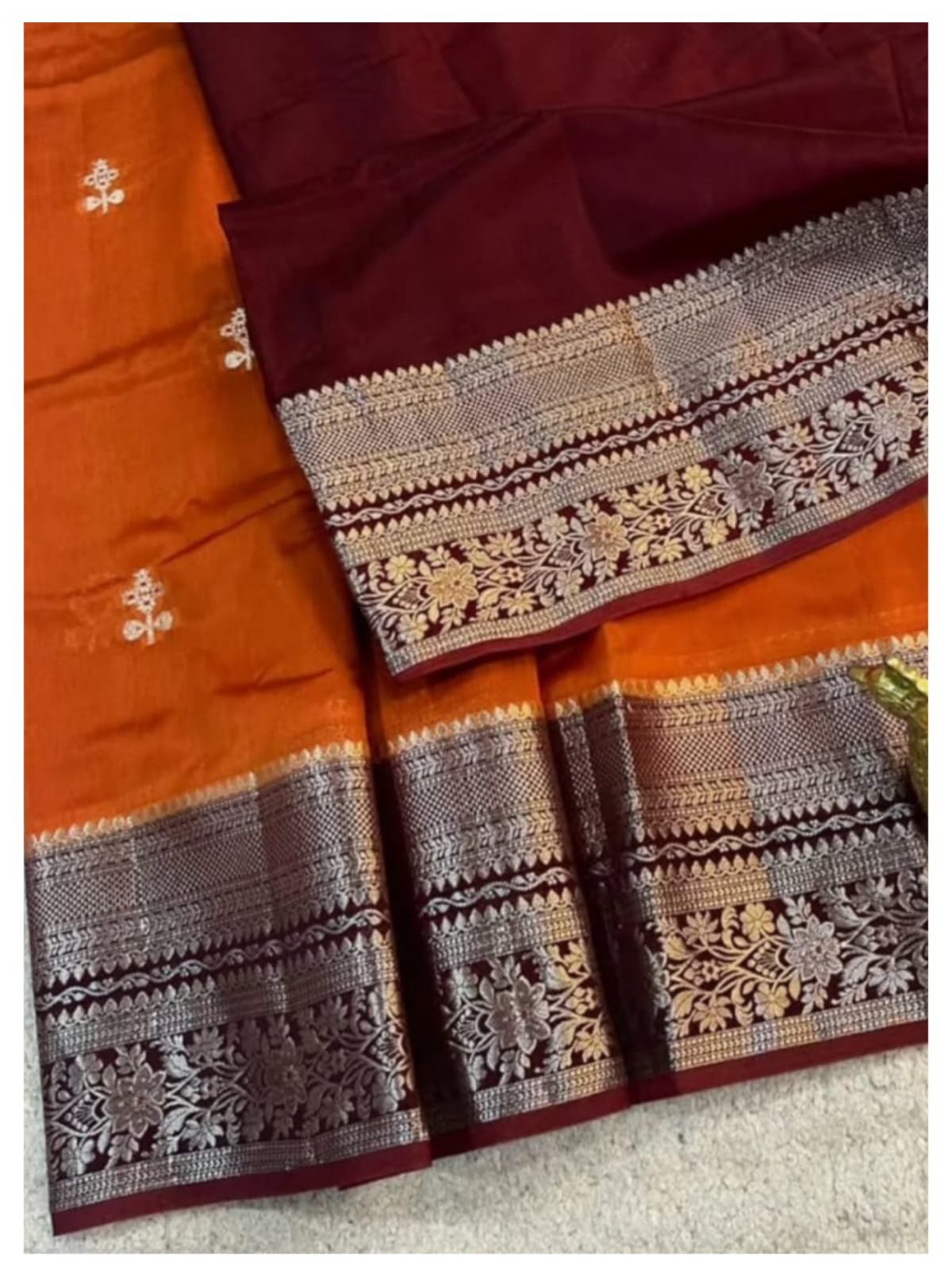 Banarasi Soft Silk - Orange with Maroon Border Saree
