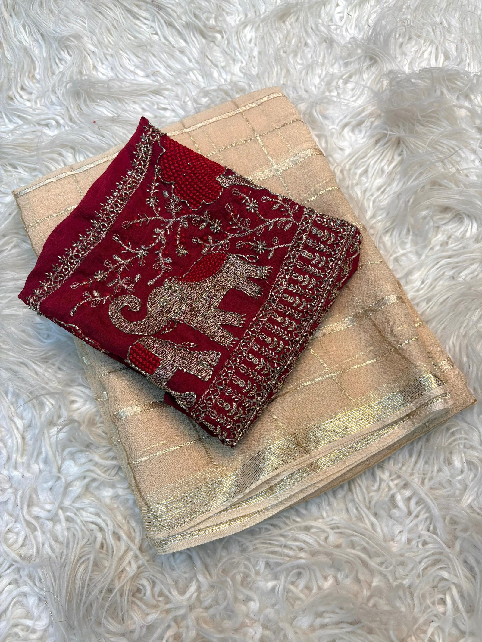 Viscose Elephant Design- Biege and Red Saree